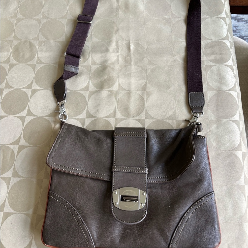 Sondra Roberts Olive Green Leather Crossbody with Silver Plaque